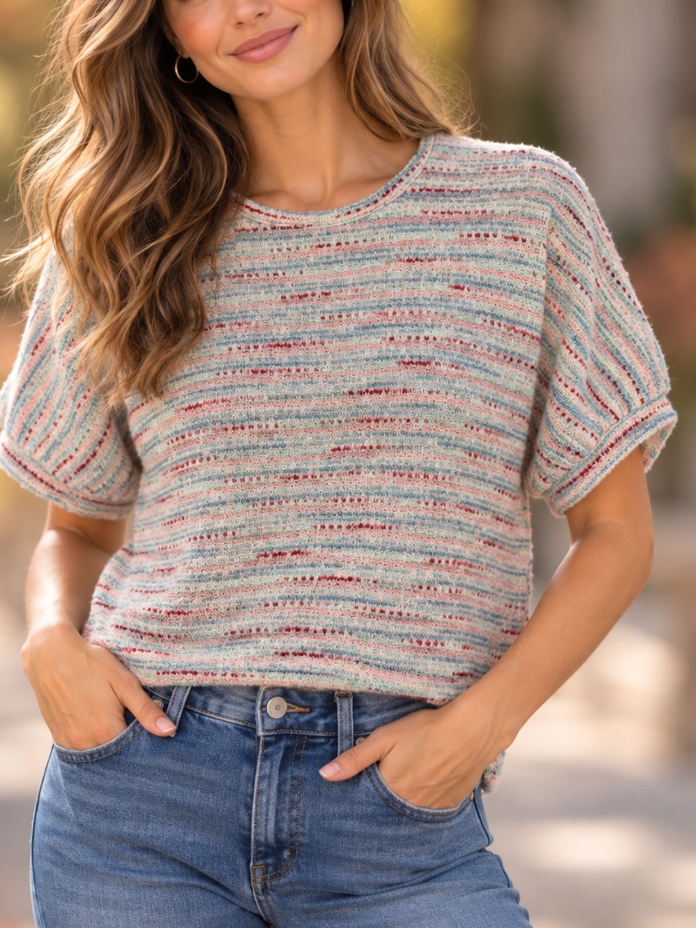 Madewell M Textured Cotton Knit Sweater Tee Cropped Boxy Stripes Pale Turquoise